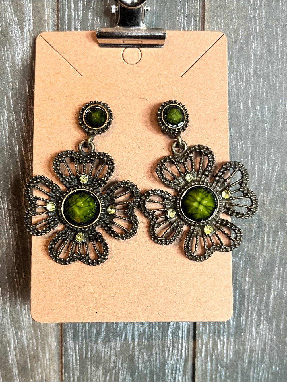 Green Floral Filigree Drop Earrings - Women Jewelry